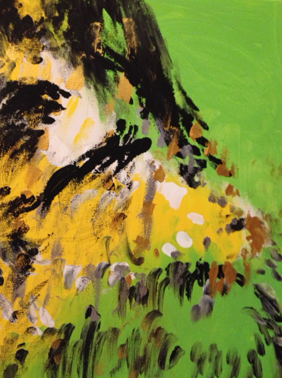 Change is a portrait oriented abstract of black, yellow and gold on a green background. Some people see the left side of someone's face looking back at them.