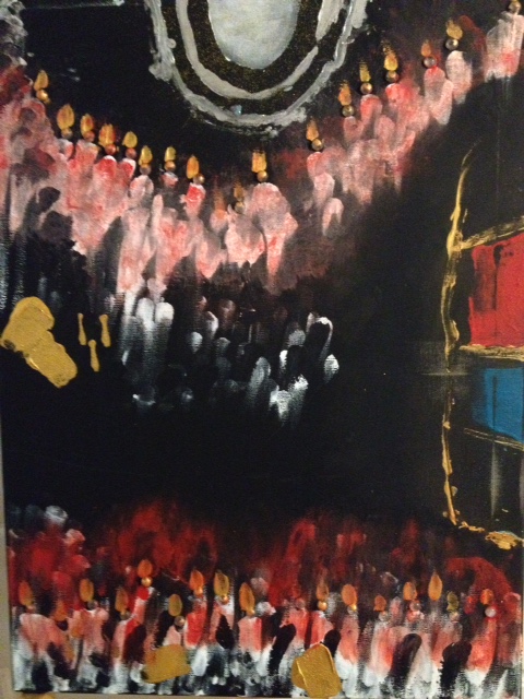 Faux Faith sees several layers in this portrait oriented abstract. Many people see the inside of a cathedral with a choir in an upper loft and a group of people - possibly Cardinals down below with stained glass to the right.
