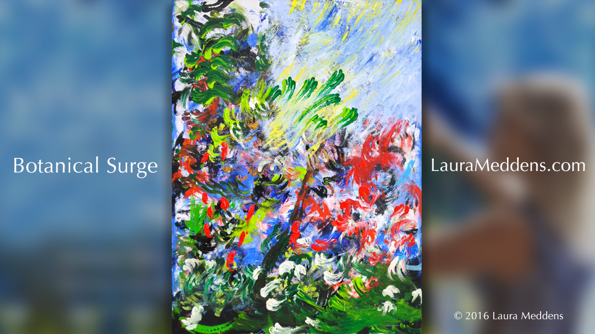 Laura's painting Botanical Surge is set against a blurred background of her main logo banner. It's a vertical orientation with a vibrant splash of red and purple in the middle with accompanying green leaves and white flowers set against a light blue background.