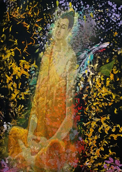 Image of Siddhartha superimposed on the painting Metamorphosis.