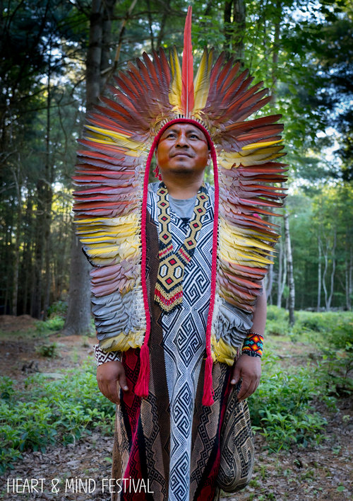Full length photo of Yube Huni Kuin, a leader in the indigenous Amazon Huni Kuin tribe. wearing an organce and yellow full-length headdress.