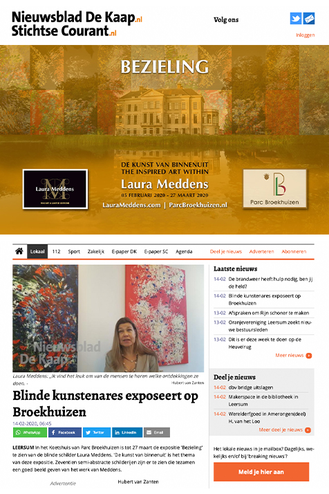Screengrab of article at Nieuwsblad De Kaap about Laura Meddens and her exhibition at Parc Broekhuizen. Link to the full article text online by clicking on this photo.
