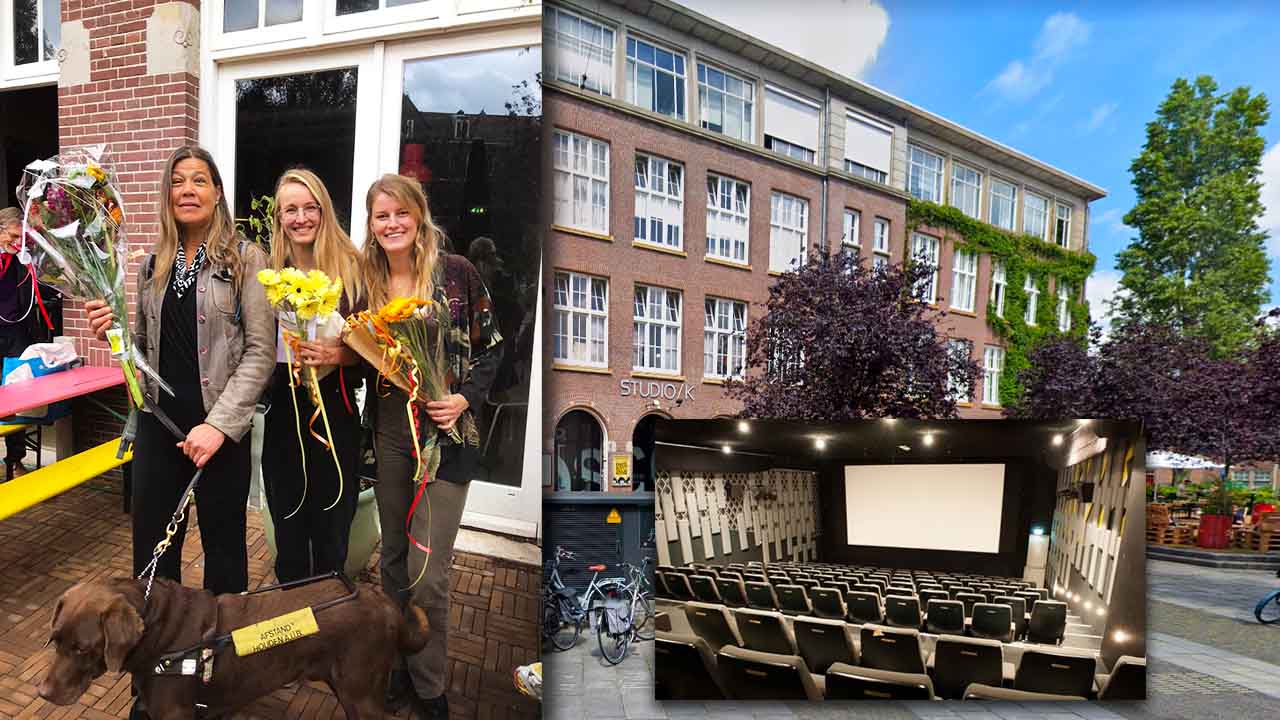 Studio K Premiere of the documentary about Laura Meddens. Photo montage shows the exterior of Studio K and inside the theater, while another photo shows Laura with filmmakers Juul Schopping and Britt Engel with Laura's Seeing Eye guide dog Nugget.