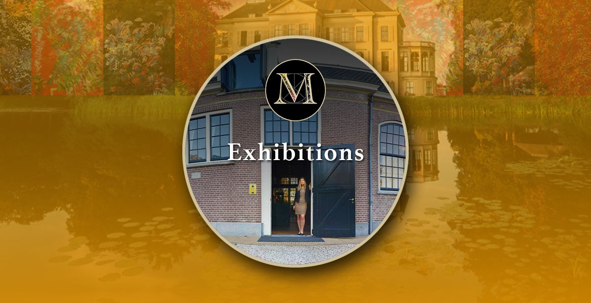 Exhibitions. Photo of Laura Meddens standing in the doorway of the Carriage House on the Parc Broekhuizen Estate is pictured against a backdrop of the Parc Broekhuizen Boutique Hotel with an overlay of some of Laura's paintings.
