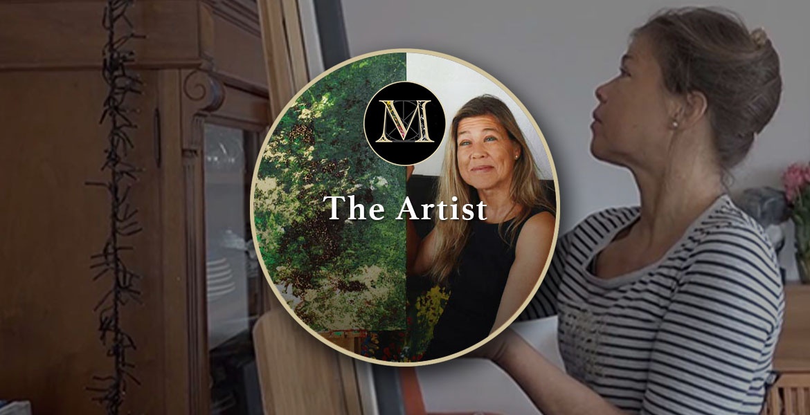 The Artist. Top banner contains a circular photo of Laura beside her painting "Forest" set against a large photo of Laura painting using her fingers at an easel.