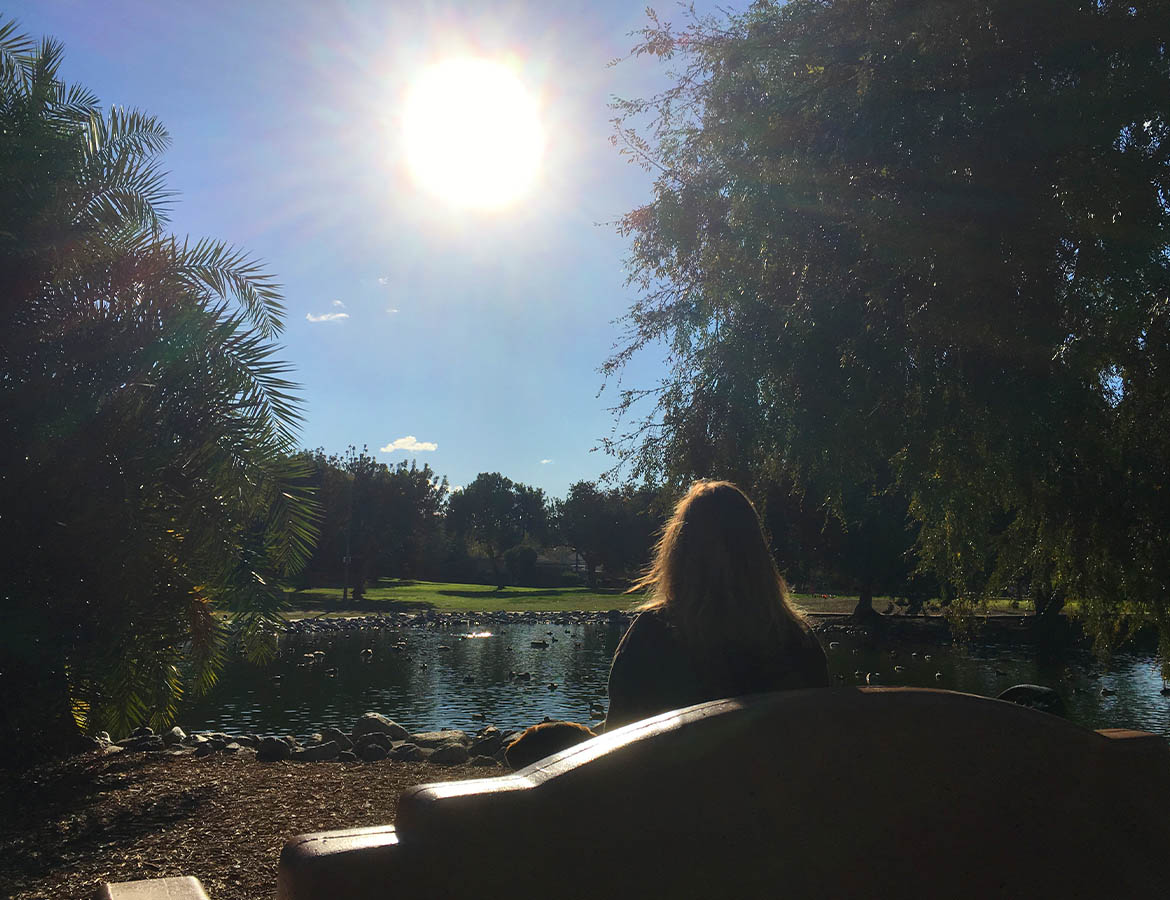 In a photo taken from behind her, Laura Meddens sits on a curved concrete bench, basking in the glow of a fiery sun between trees and overlooking a duck pond in a park in Long Beach, California.